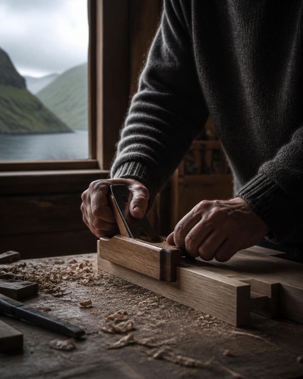 Snikkari hjá HJ Bygging arbeiðir við eikjaviði